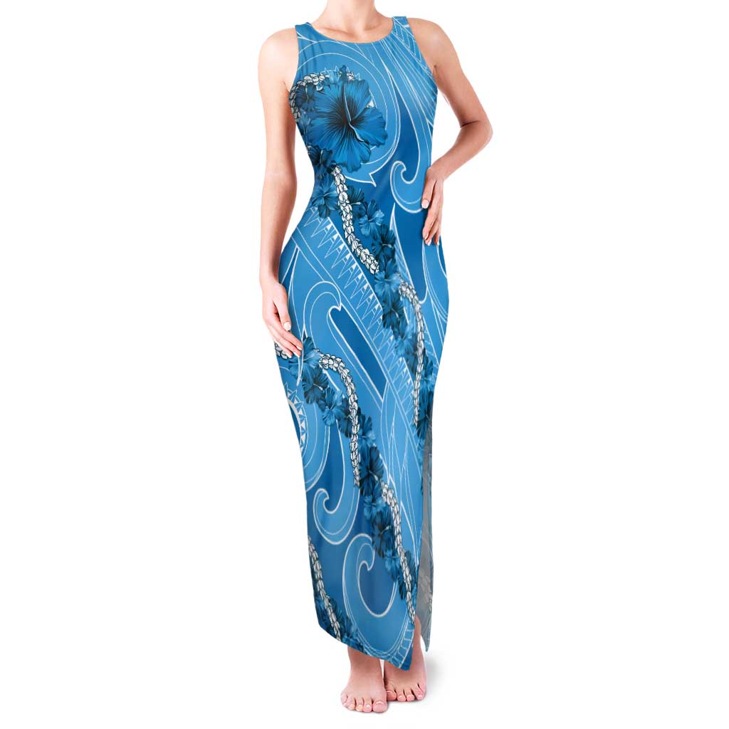 Hawaii Blue Hibiscus Pikake Lei Tank Maxi Dress LT05 Women Blue - Polynesian Pride