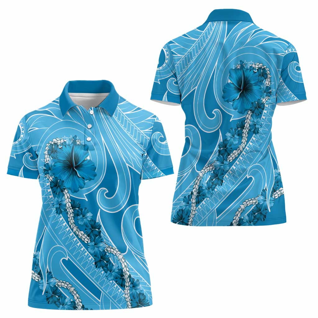 Hawaii Blue Hibiscus Pikake Lei Women Polo Shirt - Polynesian Pride