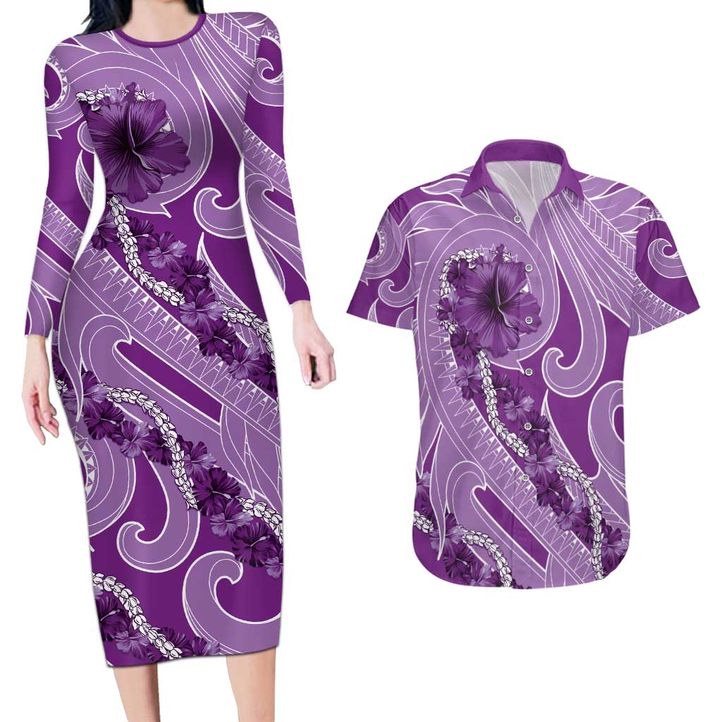 Hawaii Violet Hibiscus Pikake Lei Couples Matching Long Sleeve Bodycon Dress and Hawaiian Shirt LT05 Violet - Polynesian Pride