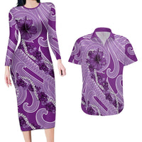 Hawaii Violet Hibiscus Pikake Lei Couples Matching Long Sleeve Bodycon Dress and Hawaiian Shirt LT05 Violet - Polynesian Pride