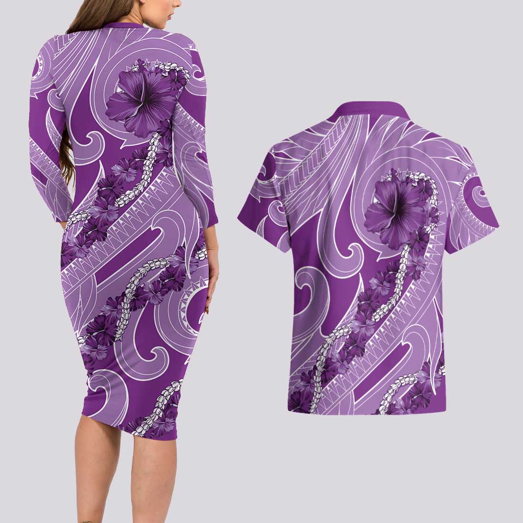 Hawaii Violet Hibiscus Pikake Lei Couples Matching Long Sleeve Bodycon Dress and Hawaiian Shirt LT05 - Polynesian Pride