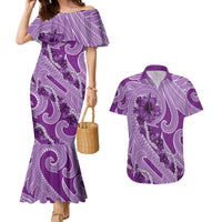 Hawaii Violet Hibiscus Pikake Lei Couples Matching Mermaid Dress and Hawaiian Shirt LT05 Violet - Polynesian Pride