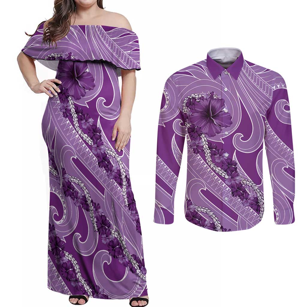 Hawaii Violet Hibiscus Pikake Lei Couples Matching Off Shoulder Maxi Dress and Long Sleeve Button Shirt LT05 Violet - Polynesian Pride