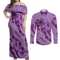Hawaii Violet Hibiscus Pikake Lei Couples Matching Off Shoulder Maxi Dress and Long Sleeve Button Shirt LT05 Violet - Polynesian Pride