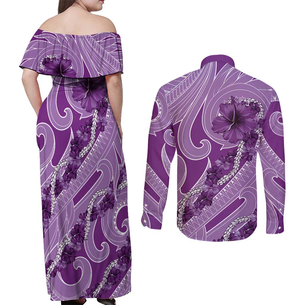 Hawaii Violet Hibiscus Pikake Lei Couples Matching Off Shoulder Maxi Dress and Long Sleeve Button Shirt LT05 - Polynesian Pride