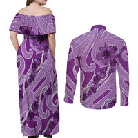 Hawaii Violet Hibiscus Pikake Lei Couples Matching Off Shoulder Maxi Dress and Long Sleeve Button Shirt LT05 - Polynesian Pride