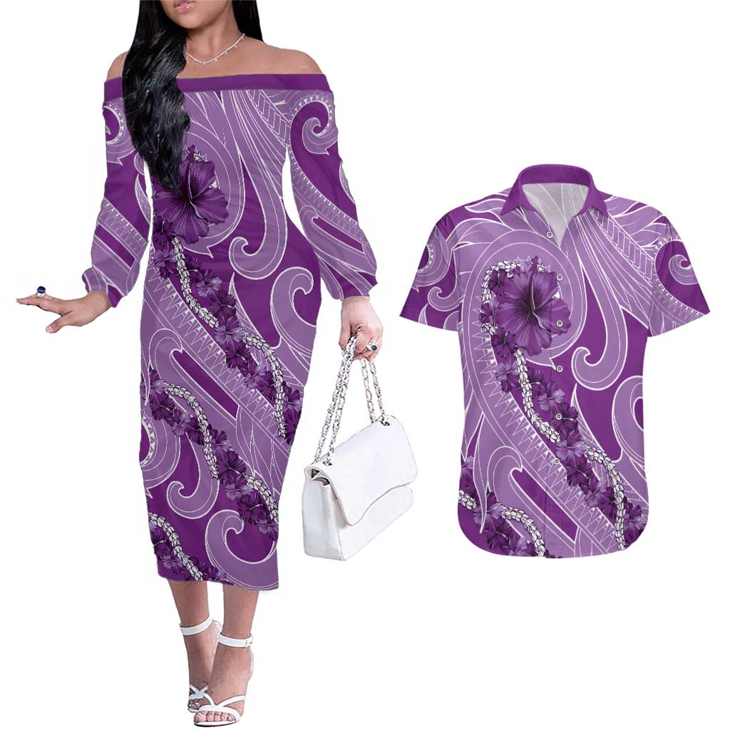 Hawaii Violet Hibiscus Pikake Lei Couples Matching Off The Shoulder Long Sleeve Dress and Hawaiian Shirt LT05 Violet - Polynesian Pride