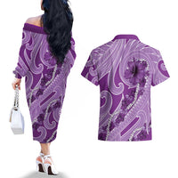 Hawaii Violet Hibiscus Pikake Lei Couples Matching Off The Shoulder Long Sleeve Dress and Hawaiian Shirt LT05 - Polynesian Pride