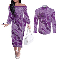 Hawaii Violet Hibiscus Pikake Lei Couples Matching Off The Shoulder Long Sleeve Dress and Long Sleeve Button Shirt LT05 Violet - Polynesian Pride