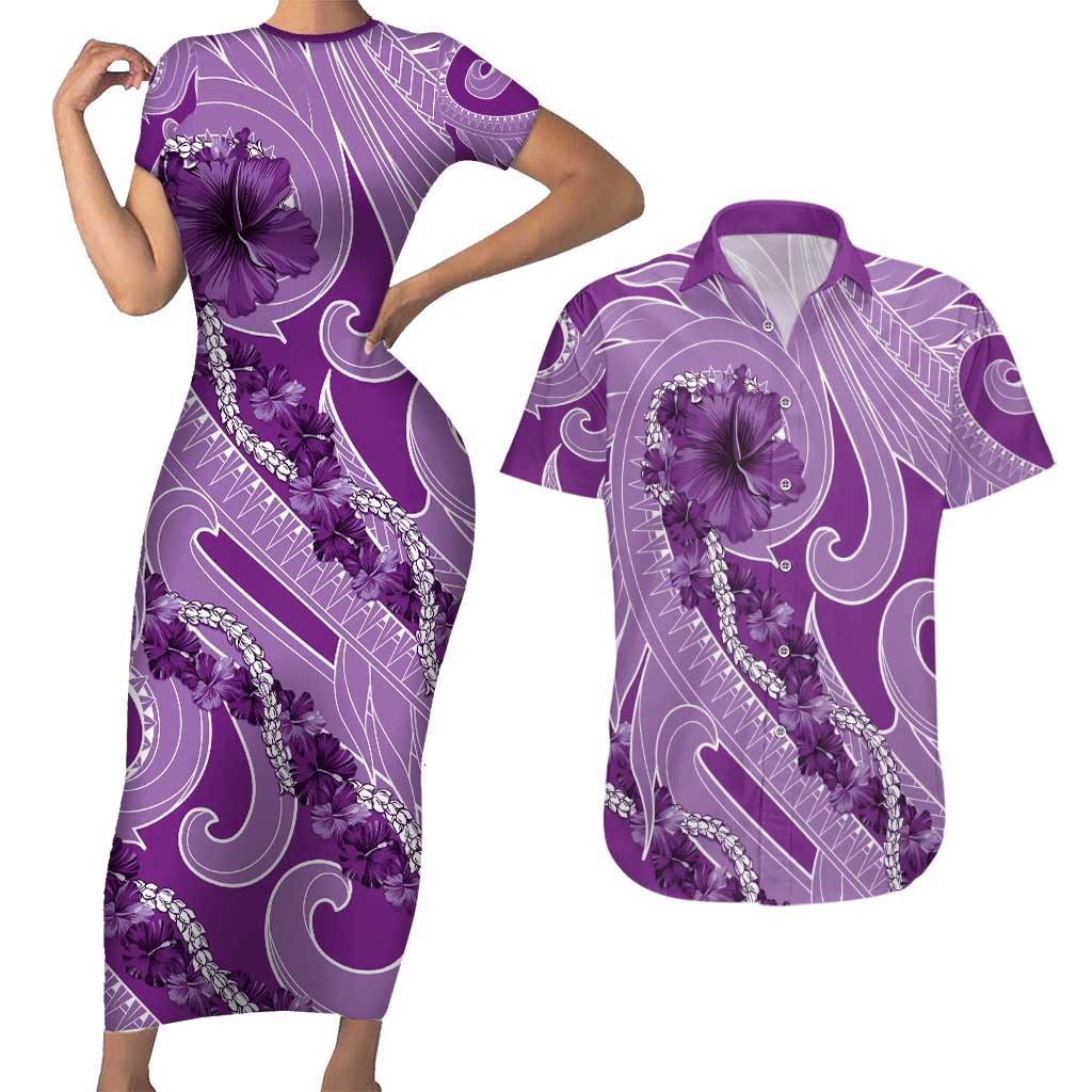 Hawaii Violet Hibiscus Pikake Lei Couples Matching Short Sleeve Bodycon Dress and Hawaiian Shirt LT05 Violet - Polynesian Pride