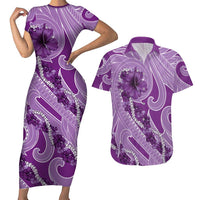 Hawaii Violet Hibiscus Pikake Lei Couples Matching Short Sleeve Bodycon Dress and Hawaiian Shirt LT05 Violet - Polynesian Pride