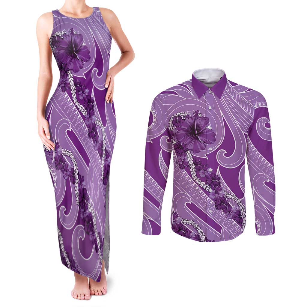 Hawaii Violet Hibiscus Pikake Lei Couples Matching Tank Maxi Dress and Long Sleeve Button Shirt - Polynesian Pride