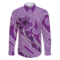 Hawaii Violet Hibiscus Pikake Lei Family Matching Mermaid Dress and Hawaiian Shirt LT05 Dad's Shirt - Long Sleeve Violet - Polynesian Pride
