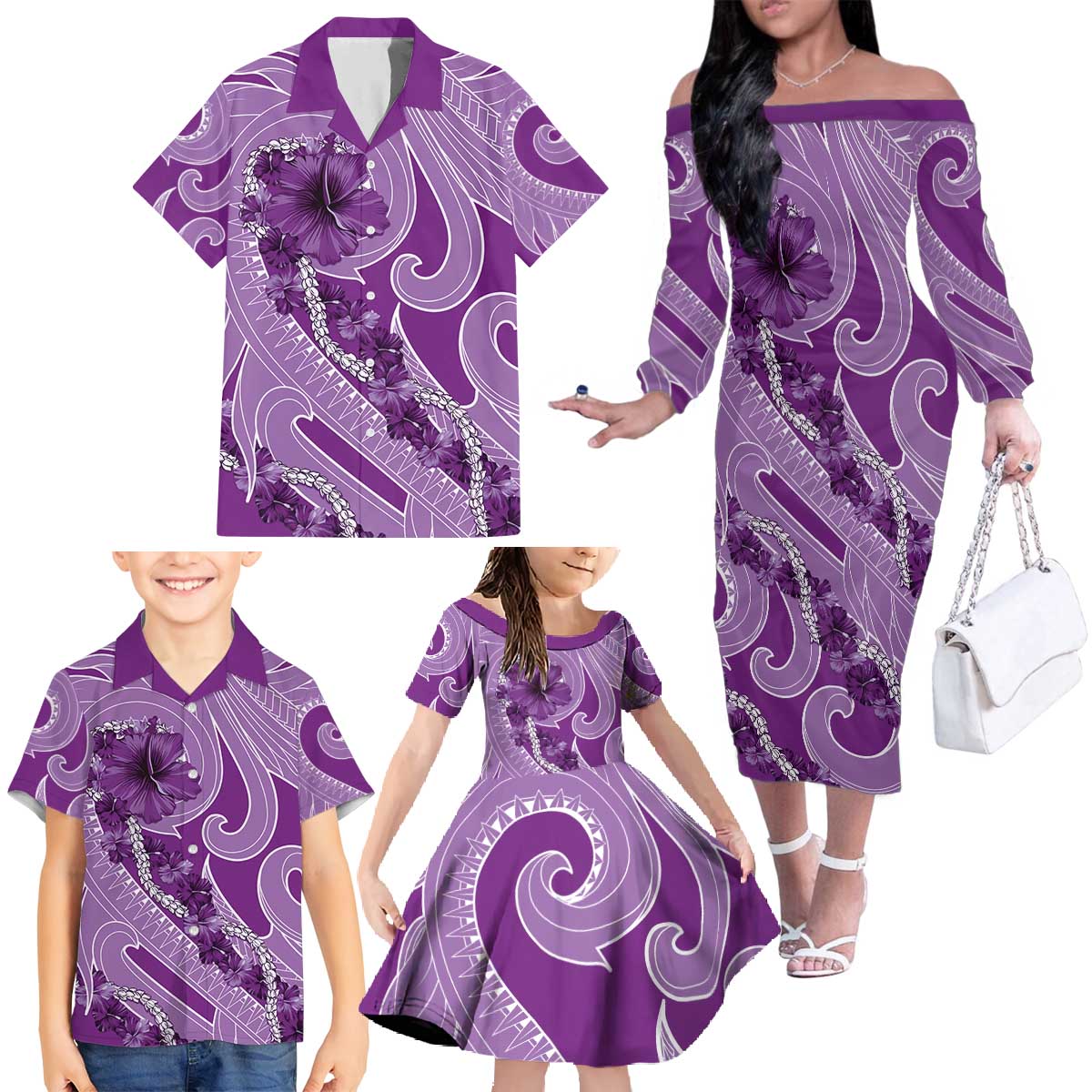 Hawaii Violet Hibiscus Pikake Lei Family Matching Off The Shoulder Long Sleeve Dress and Hawaiian Shirt LT05 - Polynesian Pride