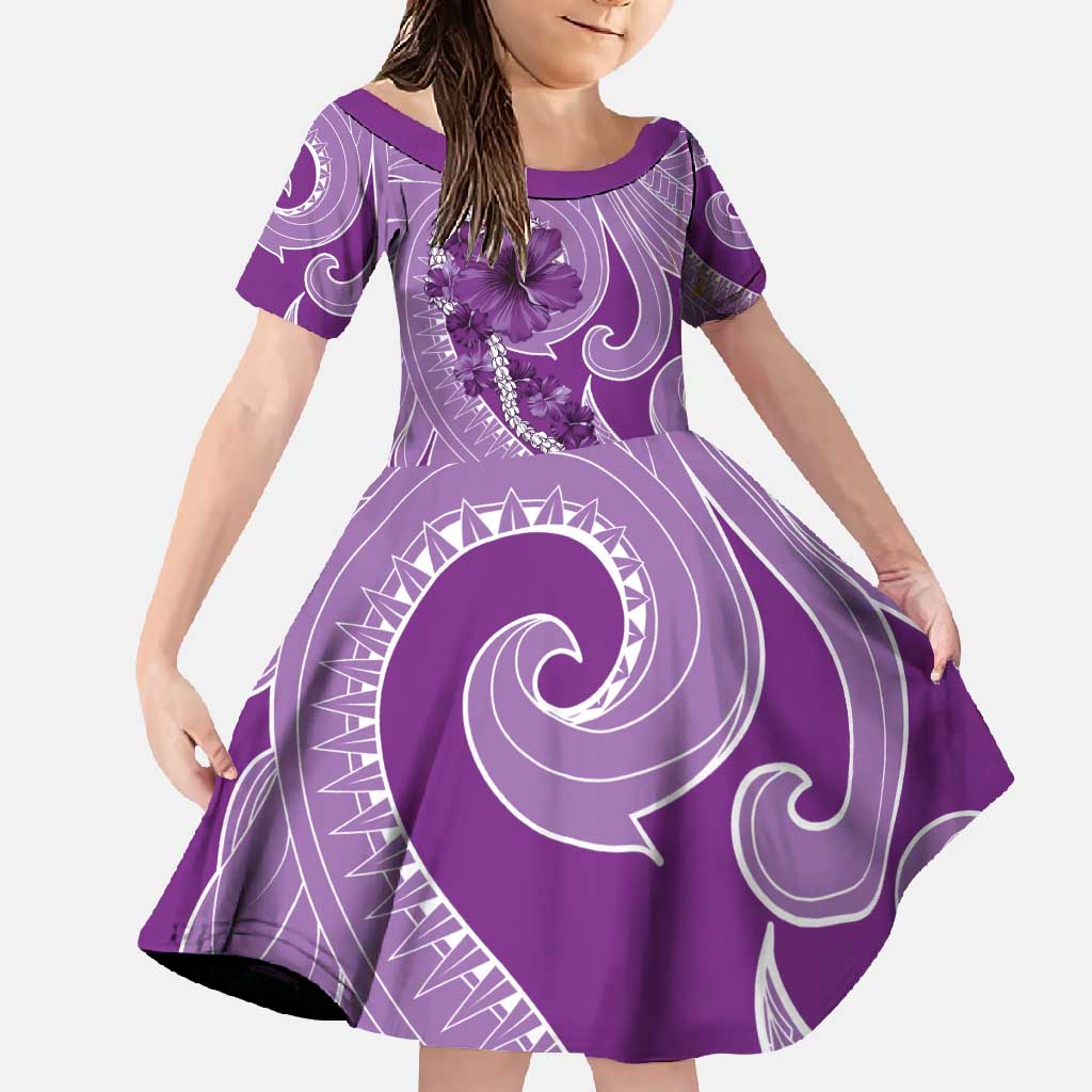 Hawaii Violet Hibiscus Pikake Lei Family Matching Off Shoulder Maxi Dress and Hawaiian Shirt LT05 Daughter's Dress Violet - Polynesian Pride