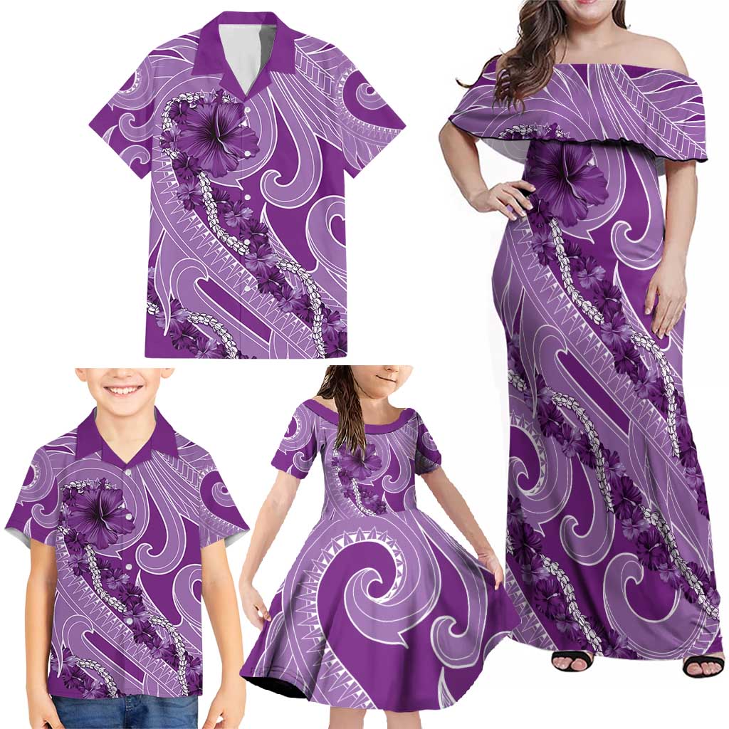 Hawaii Violet Hibiscus Pikake Lei Family Matching Off Shoulder Maxi Dress and Hawaiian Shirt LT05 - Polynesian Pride
