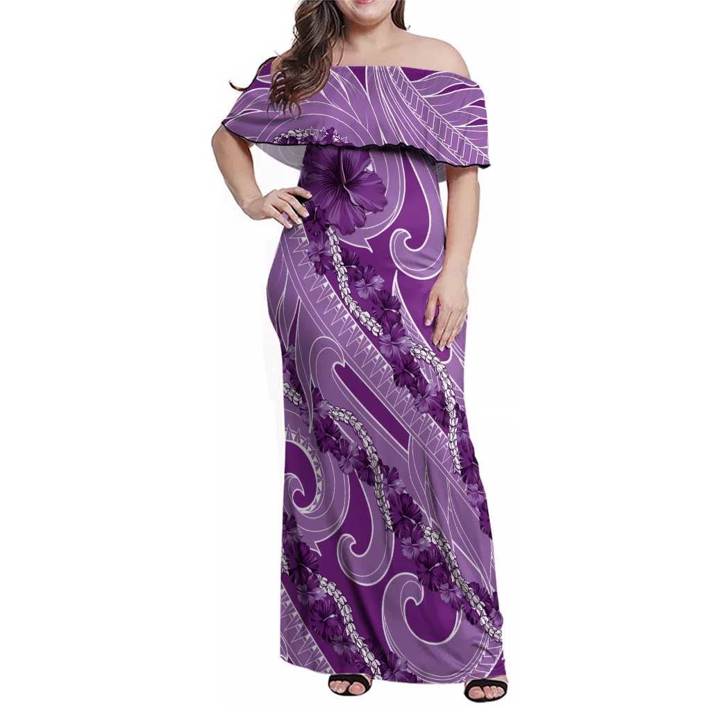Hawaii Violet Hibiscus Pikake Lei Family Matching Off Shoulder Maxi Dress and Hawaiian Shirt LT05 Mom's Dress Violet - Polynesian Pride