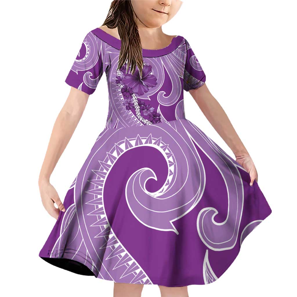 Hawaii Violet Hibiscus Pikake Lei Family Matching Off Shoulder Short Dress and Hawaiian Shirt LT05 Daughter's Dress Violet - Polynesian Pride