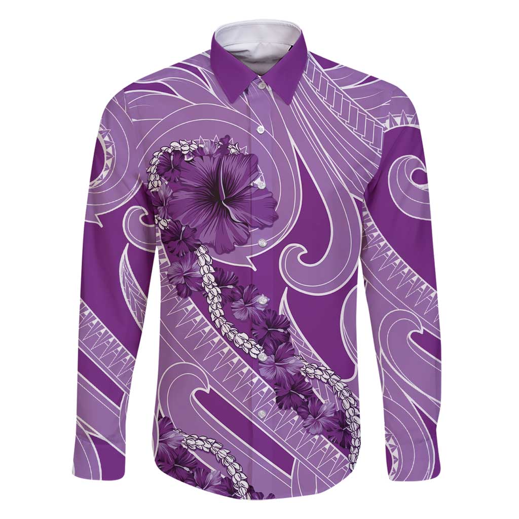 Hawaii Violet Hibiscus Pikake Lei Family Matching Off Shoulder Short Dress and Hawaiian Shirt LT05 Dad's Shirt - Long Sleeve Violet - Polynesian Pride