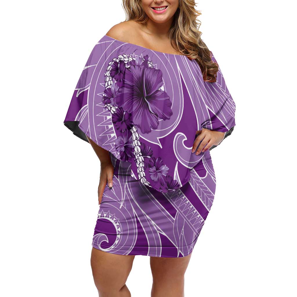 Hawaii Violet Hibiscus Pikake Lei Family Matching Off Shoulder Short Dress and Hawaiian Shirt LT05 Mom's Dress Violet - Polynesian Pride