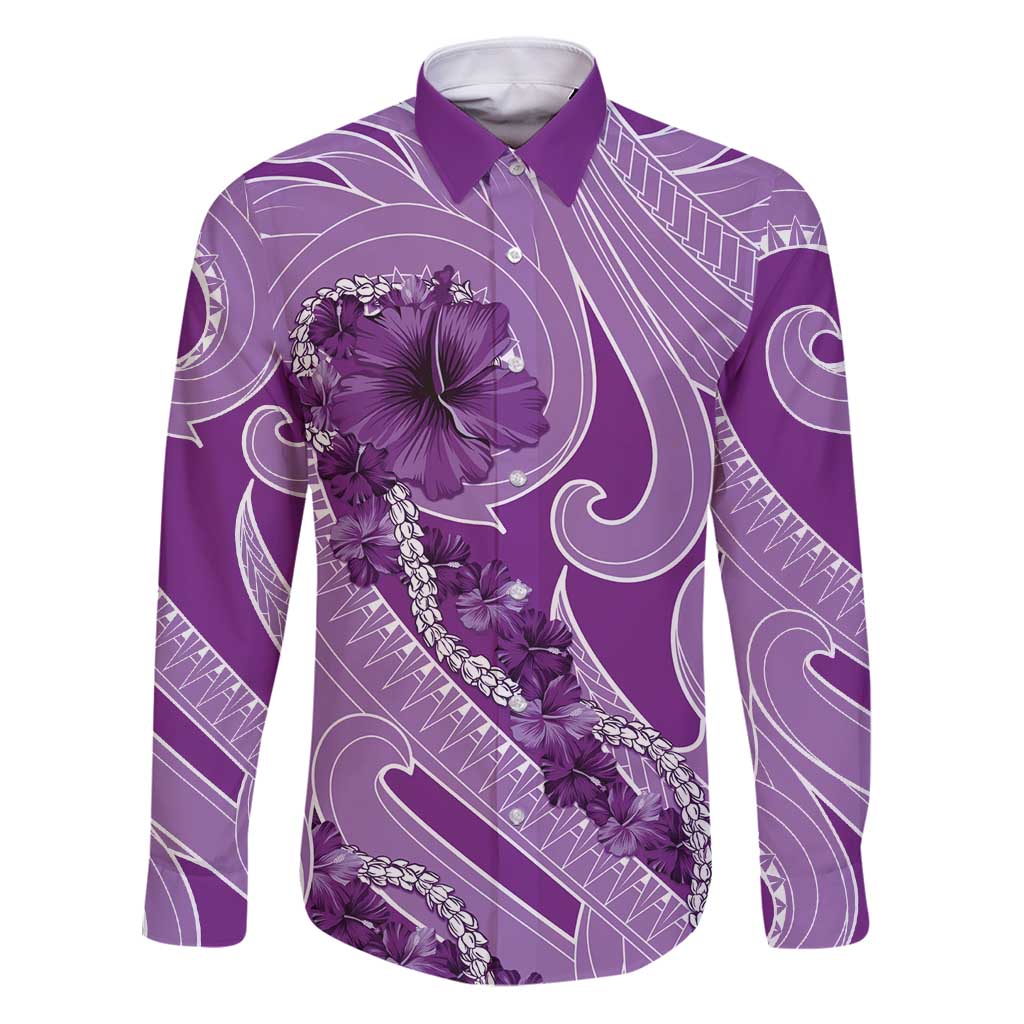 Hawaii Violet Hibiscus Pikake Lei Family Matching Puletasi and Hawaiian Shirt LT05 Dad's Shirt - Long Sleeve Violet - Polynesian Pride