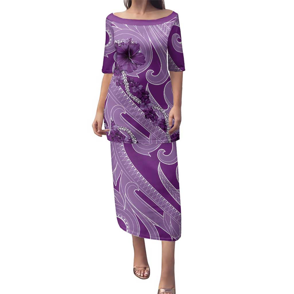 Hawaii Violet Hibiscus Pikake Lei Family Matching Puletasi and Hawaiian Shirt LT05 Mom's Dress Violet - Polynesian Pride
