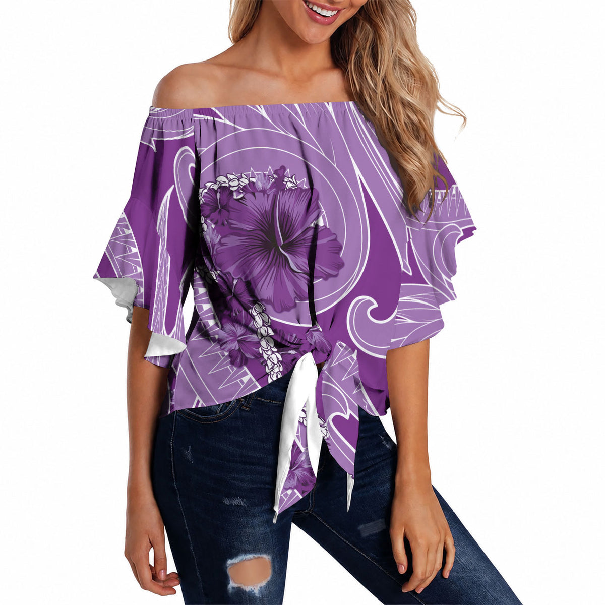 Hawaii Violet Hibiscus Pikake Lei Off Shoulder Wrap Waist Top LT05 - Polynesian Pride