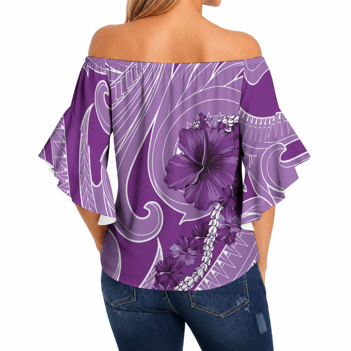 Hawaii Violet Hibiscus Pikake Lei Off Shoulder Wrap Waist Top LT05 - Polynesian Pride