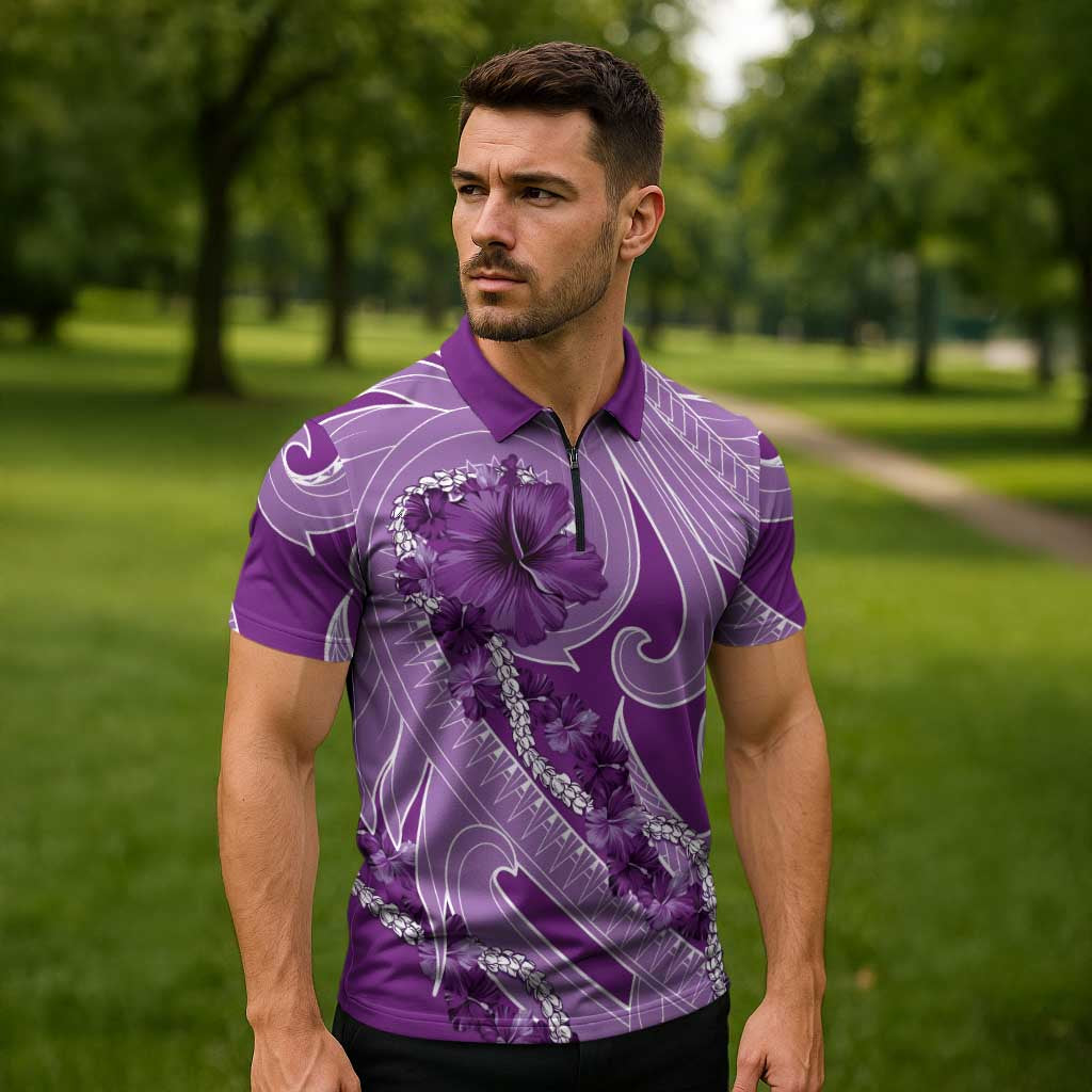 Hawaii Violet Hibiscus Pikake Lei Zipper Polo Shirt LT05 - Polynesian Pride