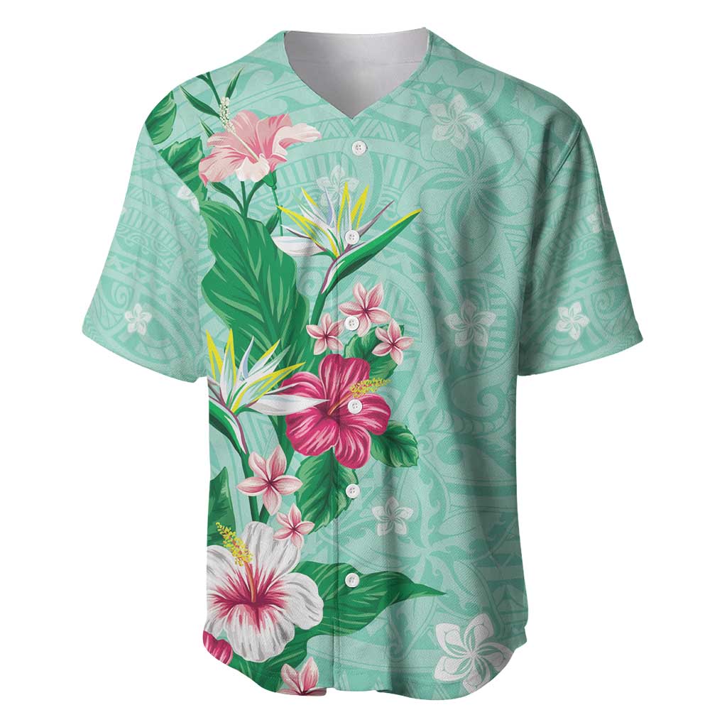 Hawaii Tropical Flowers Baseball Jersey Polynesian Tattoo Mint Green LT05 Green - Polynesian Pride