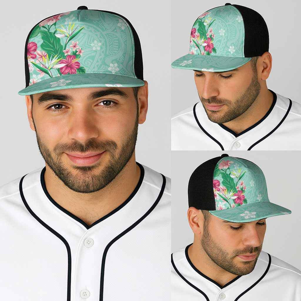 Hawaii Tropical Flowers Baseball Net Cap Polynesian Tattoo Mint Green