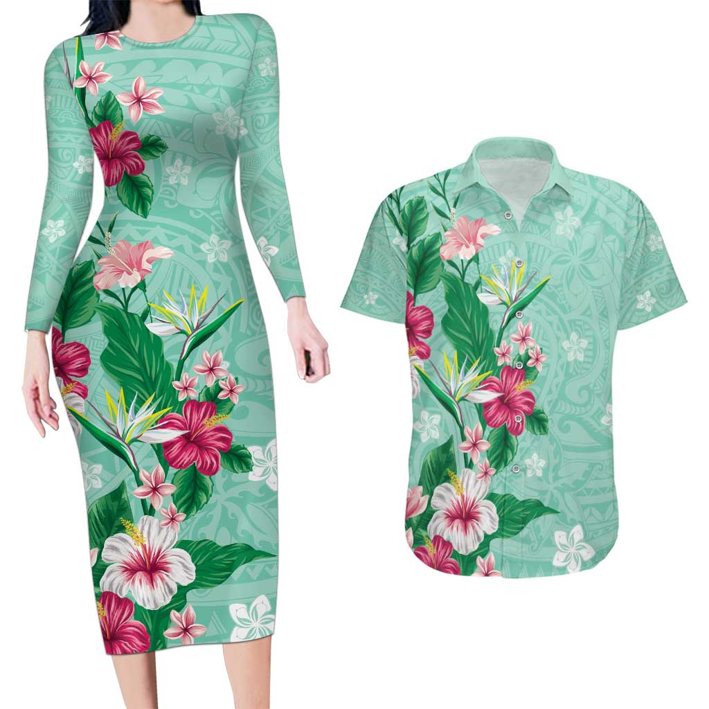 Hawaii Tropical Flowers Couples Matching Long Sleeve Bodycon Dress and Hawaiian Shirt Polynesian Tattoo Mint Green LT05 Green - Polynesian Pride