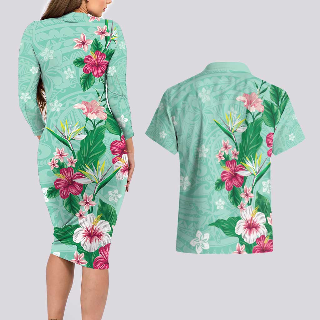 Hawaii Tropical Flowers Couples Matching Long Sleeve Bodycon Dress and Hawaiian Shirt Polynesian Tattoo Mint Green LT05 - Polynesian Pride