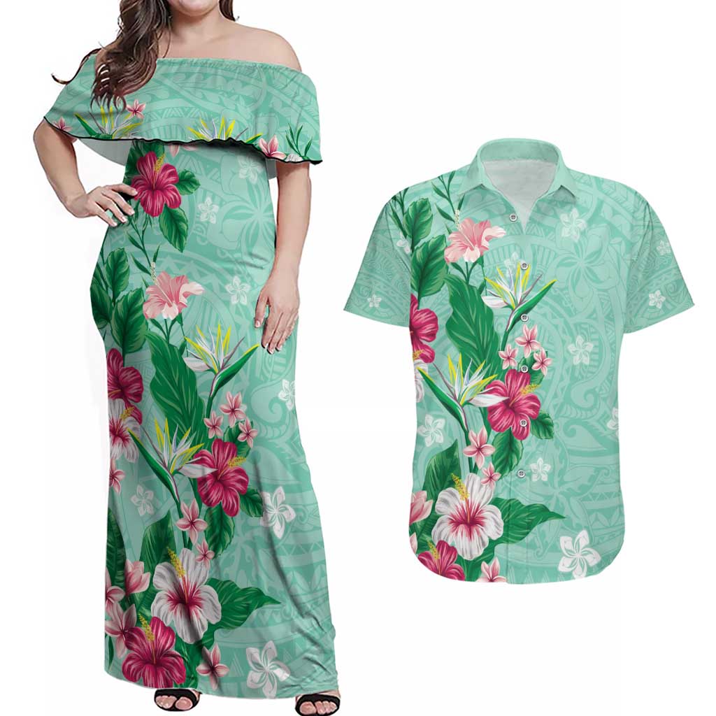 Hawaii Tropical Flowers Couples Matching Off Shoulder Maxi Dress and Hawaiian Shirt - Polynesian Tattoo Mint Green LT05 Green - Polynesian Pride
