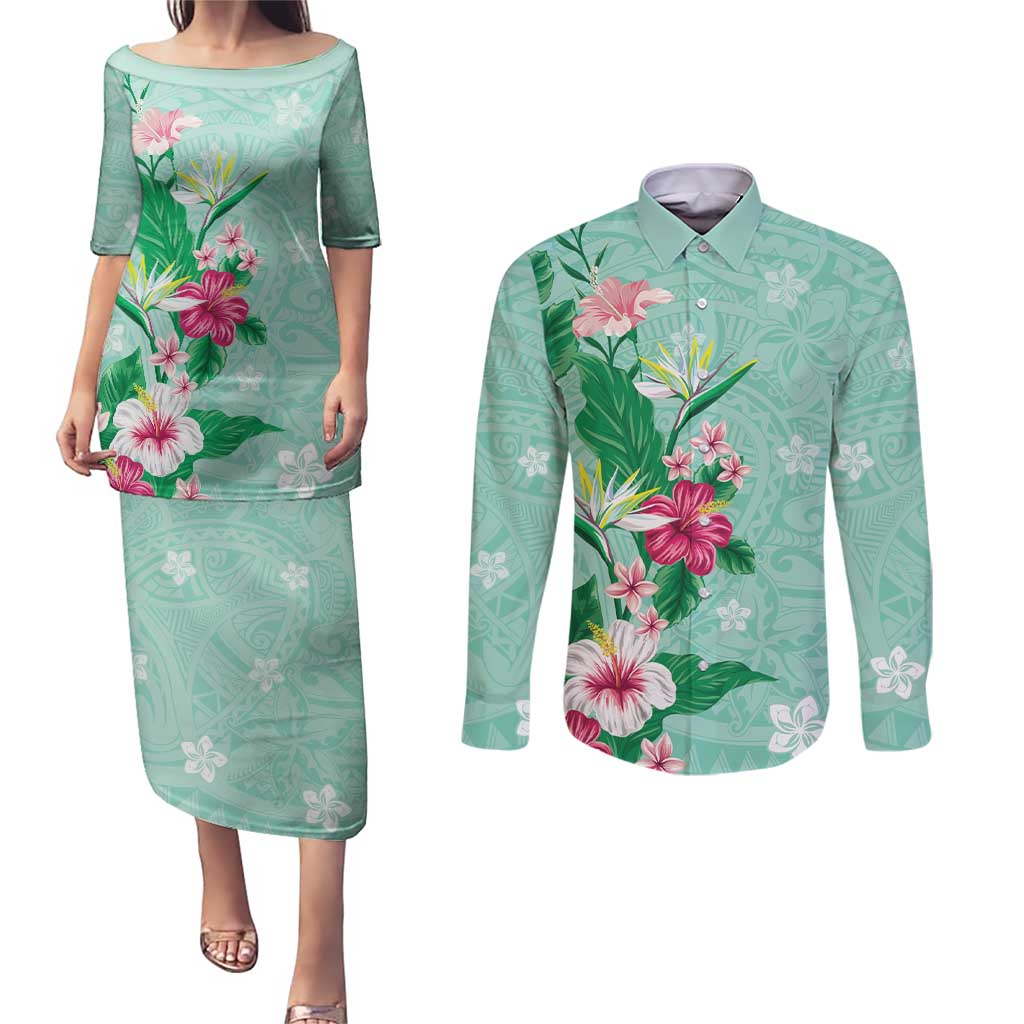 Hawaii Tropical Flowers Couples Matching Puletasi and Long Sleeve Button Shirt Polynesian Tattoo Mint Green LT05 Green - Polynesian Pride