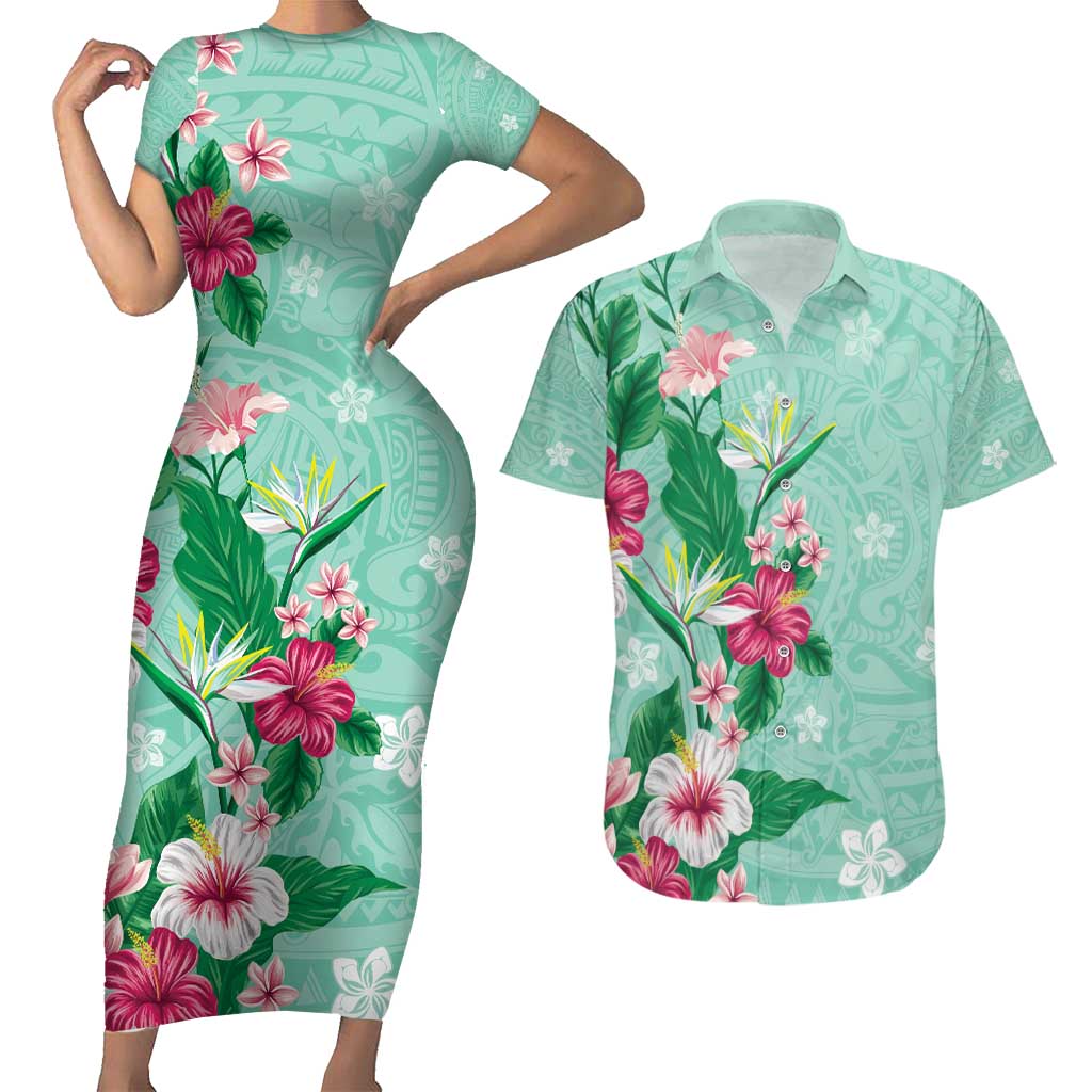 Hawaii Tropical Flowers Couples Matching Short Sleeve Bodycon Dress and Hawaiian Shirt Polynesian Tattoo Mint Green LT05 Green - Polynesian Pride