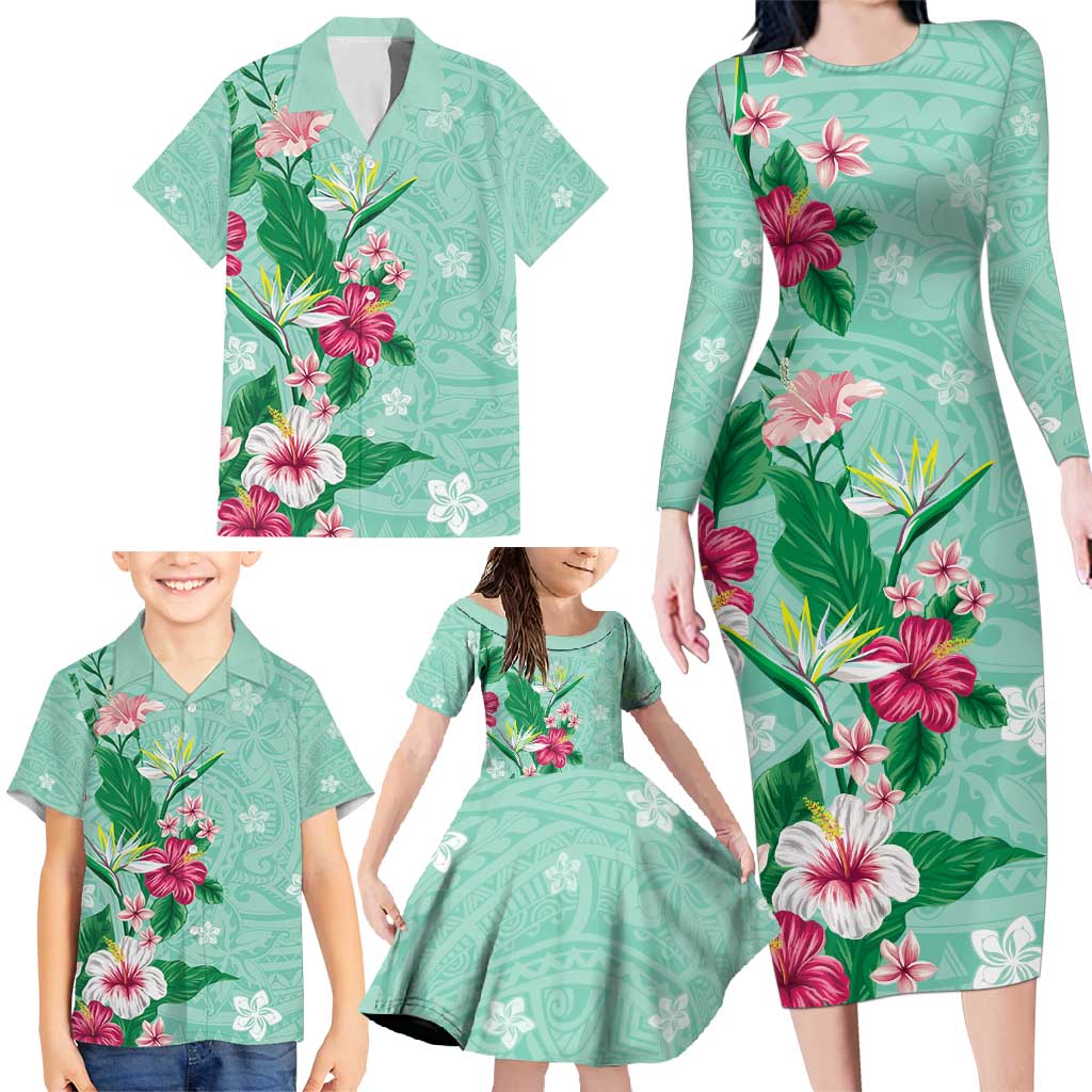 Hawaii Tropical Flowers Family Matching Long Sleeve Bodycon Dress and Hawaiian Shirt Polynesian Tattoo Mint Green LT05 - Polynesian Pride