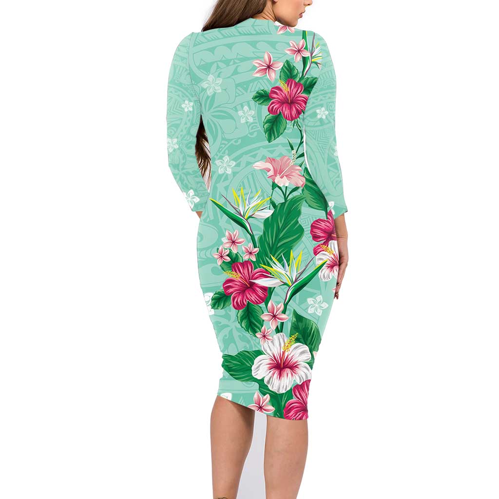 Hawaii Tropical Flowers Family Matching Long Sleeve Bodycon Dress and Hawaiian Shirt Polynesian Tattoo Mint Green LT05 - Polynesian Pride