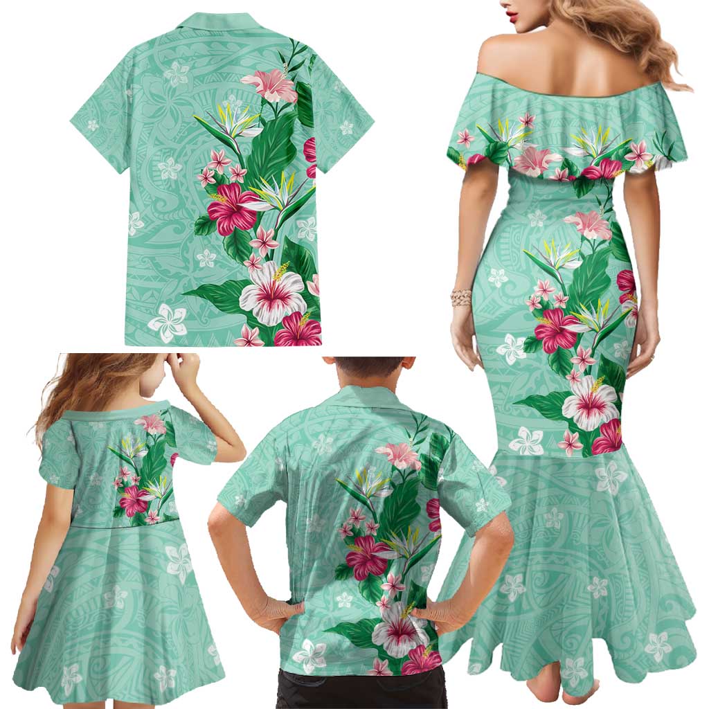 Hawaii Tropical Flowers Family Matching Mermaid Dress and Hawaiian Shirt Polynesian Tattoo Mint Green LT05 - Polynesian Pride