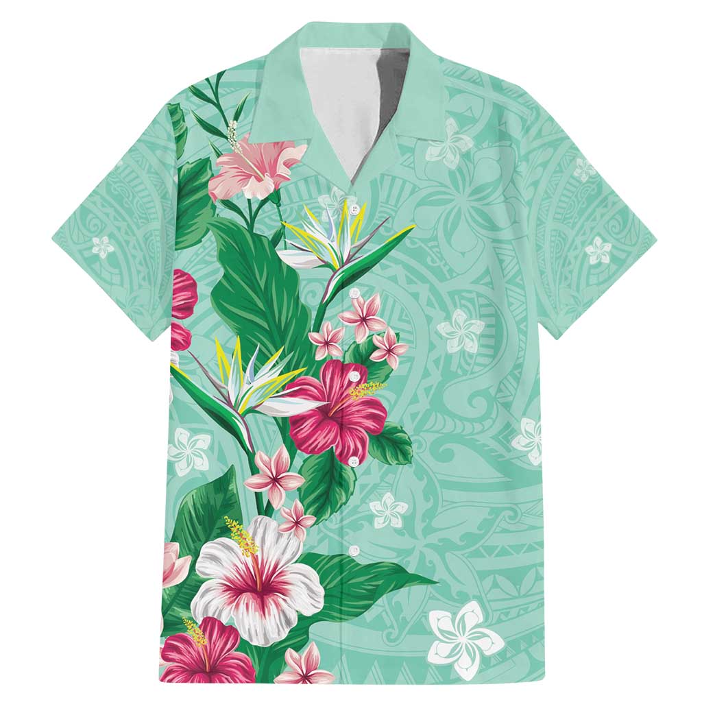 Hawaii Tropical Flowers Family Matching Mermaid Dress and Hawaiian Shirt Polynesian Tattoo Mint Green LT05 Dad's Shirt - Short Sleeve Green - Polynesian Pride