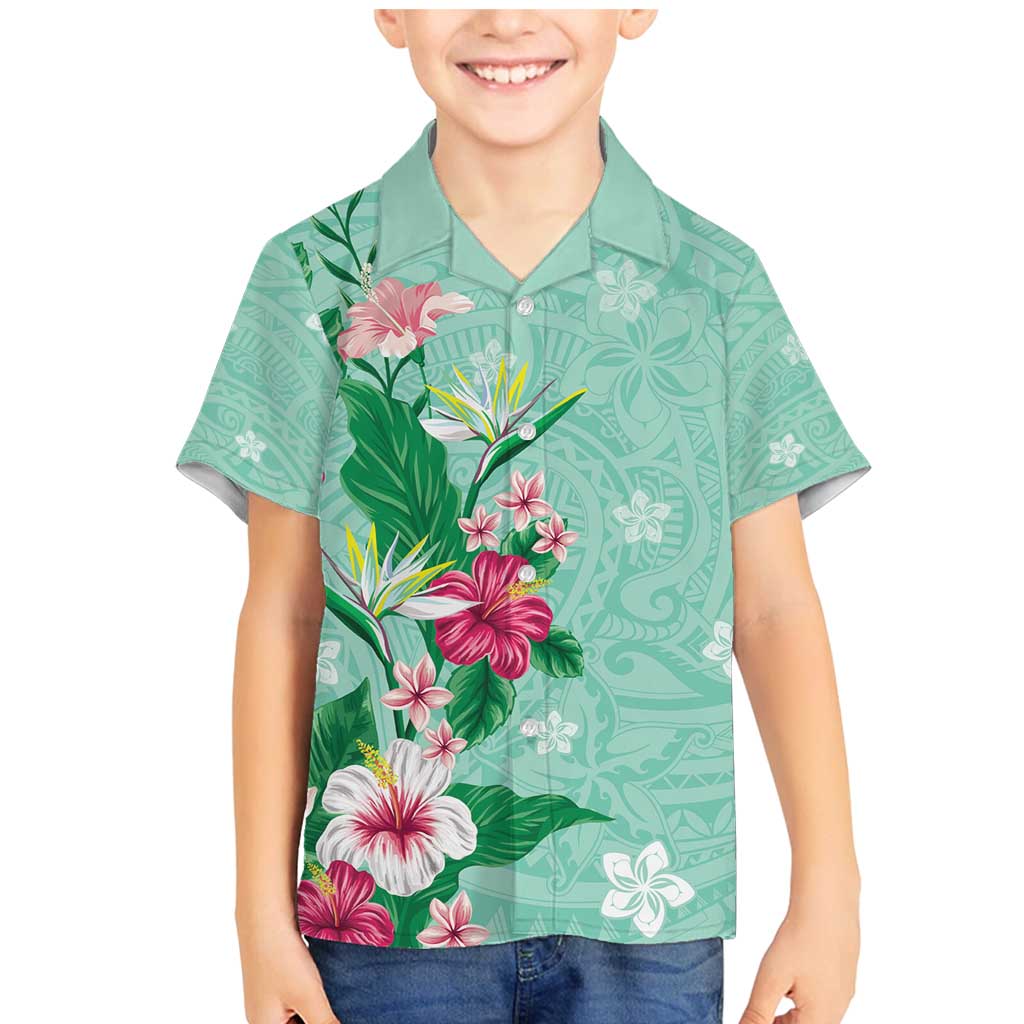 Hawaii Tropical Flowers Family Matching Mermaid Dress and Hawaiian Shirt Polynesian Tattoo Mint Green LT05 Son's Shirt Green - Polynesian Pride