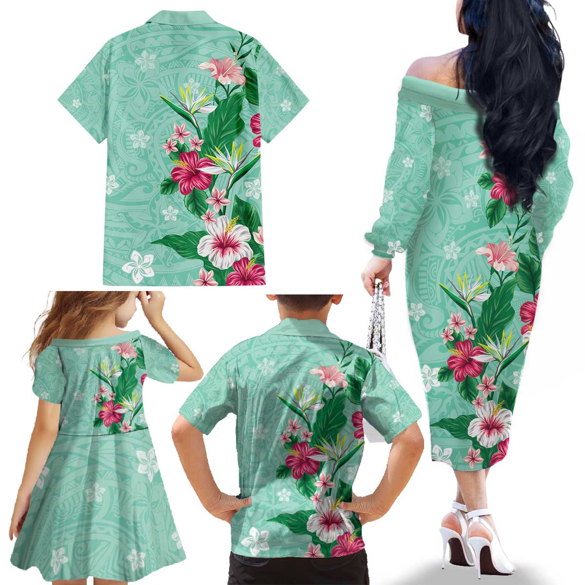 Hawaii Tropical Flowers Family Matching Off The Shoulder Long Sleeve Dress and Hawaiian Shirt Polynesian Tattoo Mint Green LT05 - Polynesian Pride