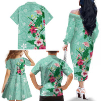 Hawaii Tropical Flowers Family Matching Off The Shoulder Long Sleeve Dress and Hawaiian Shirt Polynesian Tattoo Mint Green LT05 - Polynesian Pride