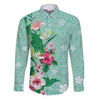 Hawaii Tropical Flowers Family Matching Off The Shoulder Long Sleeve Dress and Hawaiian Shirt Polynesian Tattoo Mint Green LT05 Dad's Shirt - Long Sleeve Green - Polynesian Pride
