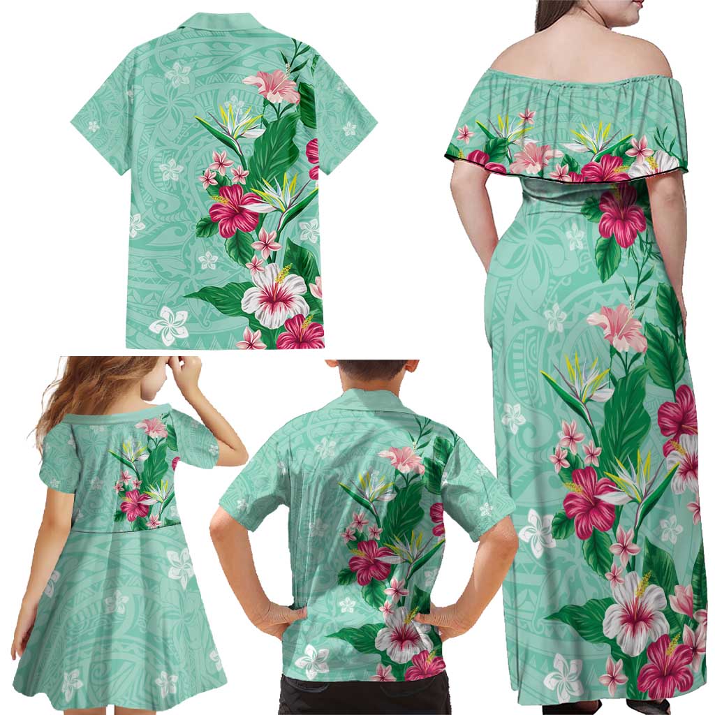 Hawaii Tropical Flowers Family Matching Off Shoulder Maxi Dress and Hawaiian Shirt - Polynesian Tattoo Mint Green LT05 - Polynesian Pride