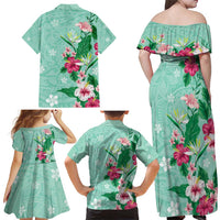 Hawaii Tropical Flowers Family Matching Off Shoulder Maxi Dress and Hawaiian Shirt - Polynesian Tattoo Mint Green LT05 - Polynesian Pride