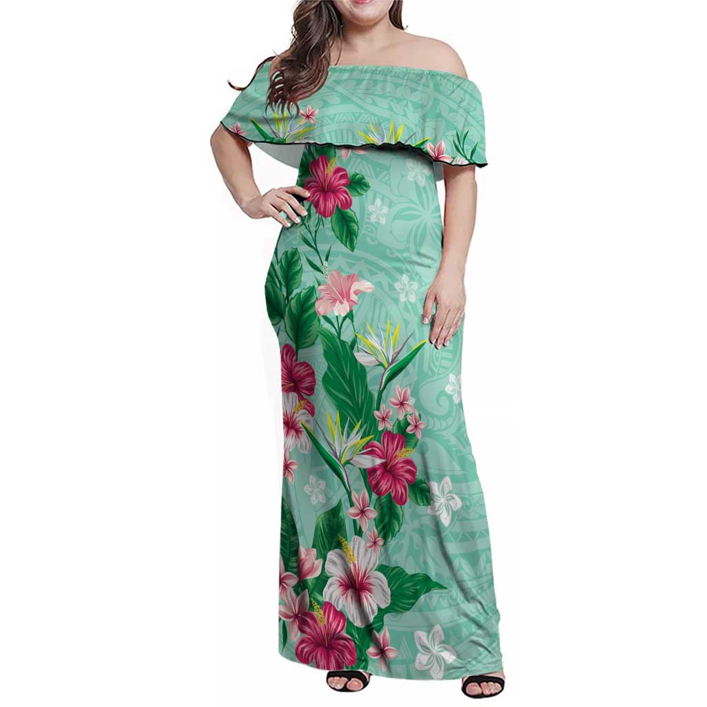 Hawaii Tropical Flowers Family Matching Off Shoulder Maxi Dress and Hawaiian Shirt - Polynesian Tattoo Mint Green LT05 Mom's Dress Green - Polynesian Pride