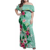 Hawaii Tropical Flowers Family Matching Off Shoulder Maxi Dress and Hawaiian Shirt - Polynesian Tattoo Mint Green LT05 Mom's Dress Green - Polynesian Pride