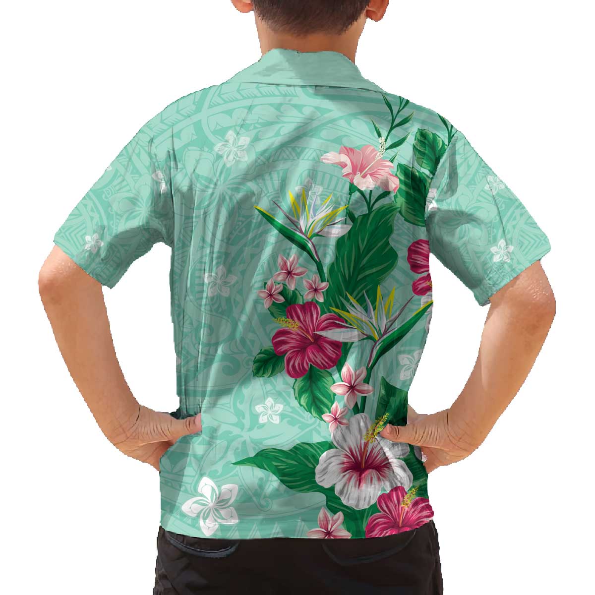 Hawaii Tropical Flowers Family Matching Off Shoulder Short Dress and Hawaiian Shirt Polynesian Tattoo Mint Green LT05 - Polynesian Pride
