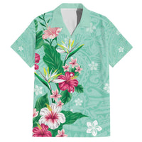 Hawaii Tropical Flowers Family Matching Off Shoulder Short Dress and Hawaiian Shirt Polynesian Tattoo Mint Green LT05 Dad's Shirt - Short Sleeve Green - Polynesian Pride